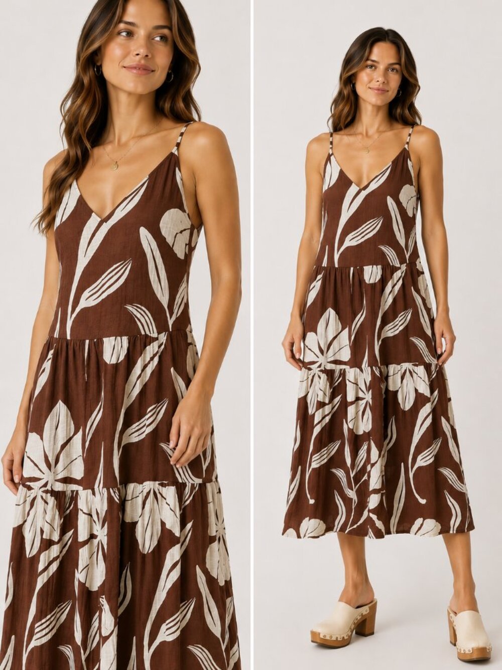 A New Day Brown Floral Crinkle Gauze Tiered Spaghetti Strap Maxi Dress